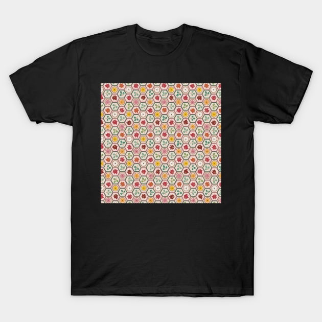 Traditional Japanese Kikkou Tortoise Shell Autumn Geometric Floral Pattern with Maple Leaves, Bush Clover, and Chrysanthemum in Muted Rainbow T-Shirt by Charredsky